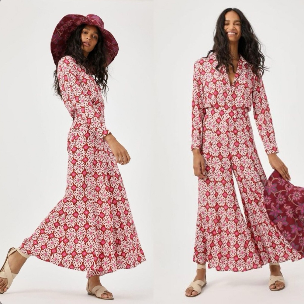 Anthropologie Red and White Floral Long-Sleeve Jumpsuit